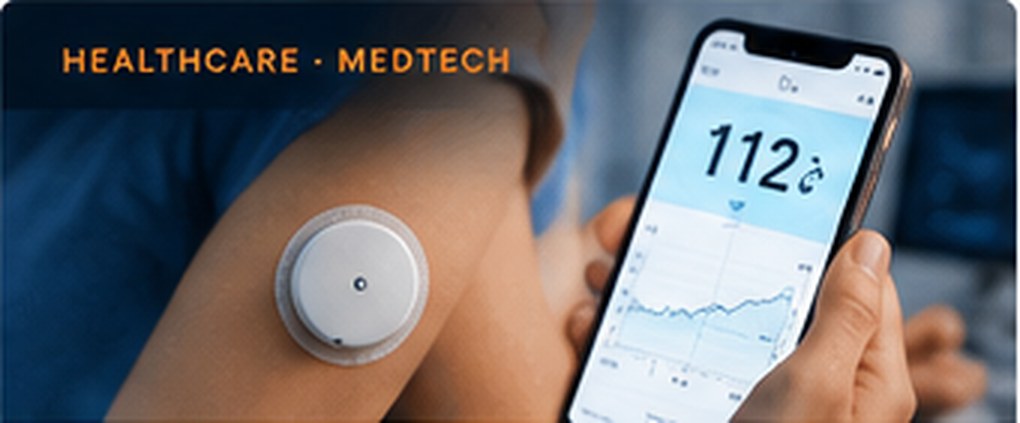 CGM sensor worn on upper arm beside glucose reading on smartphone, illustrative AI-generated visual
